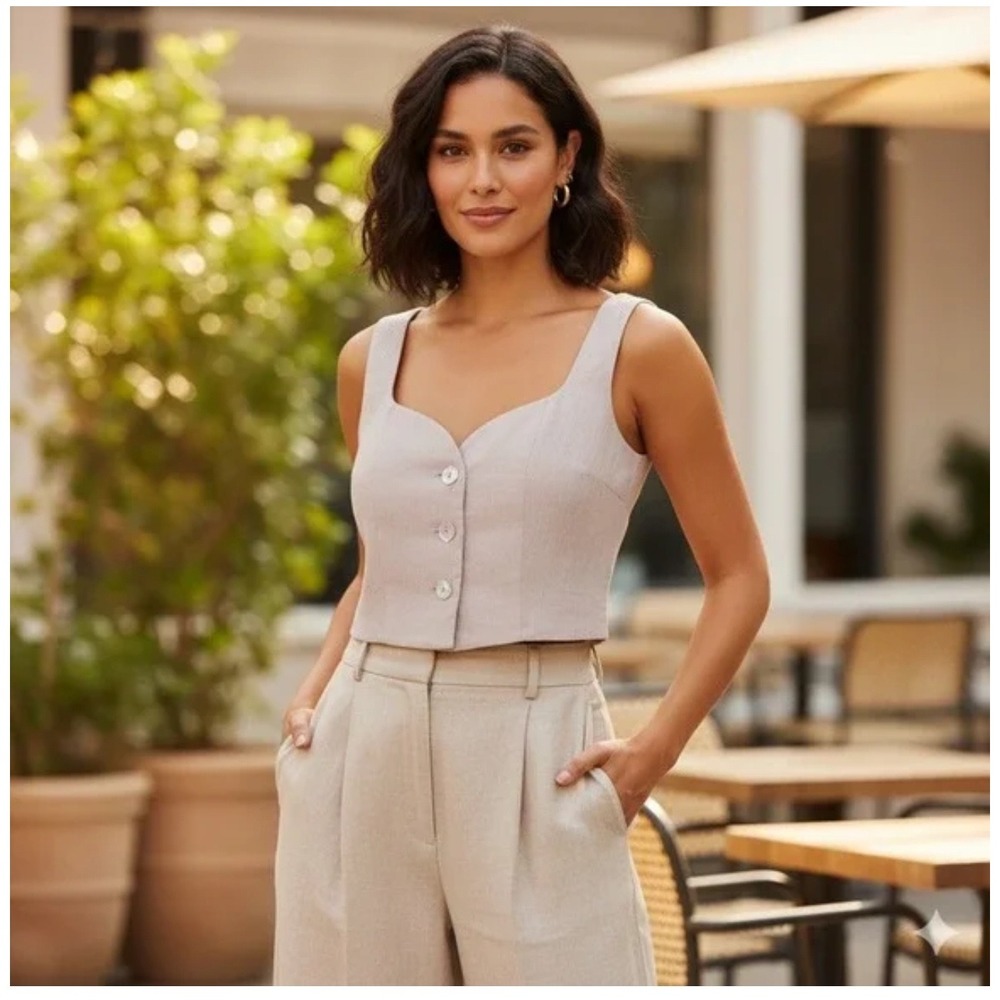 Jason Wu Crinkle Textured Button Front Crop Top Beige Sweetheart‎ Neck Small